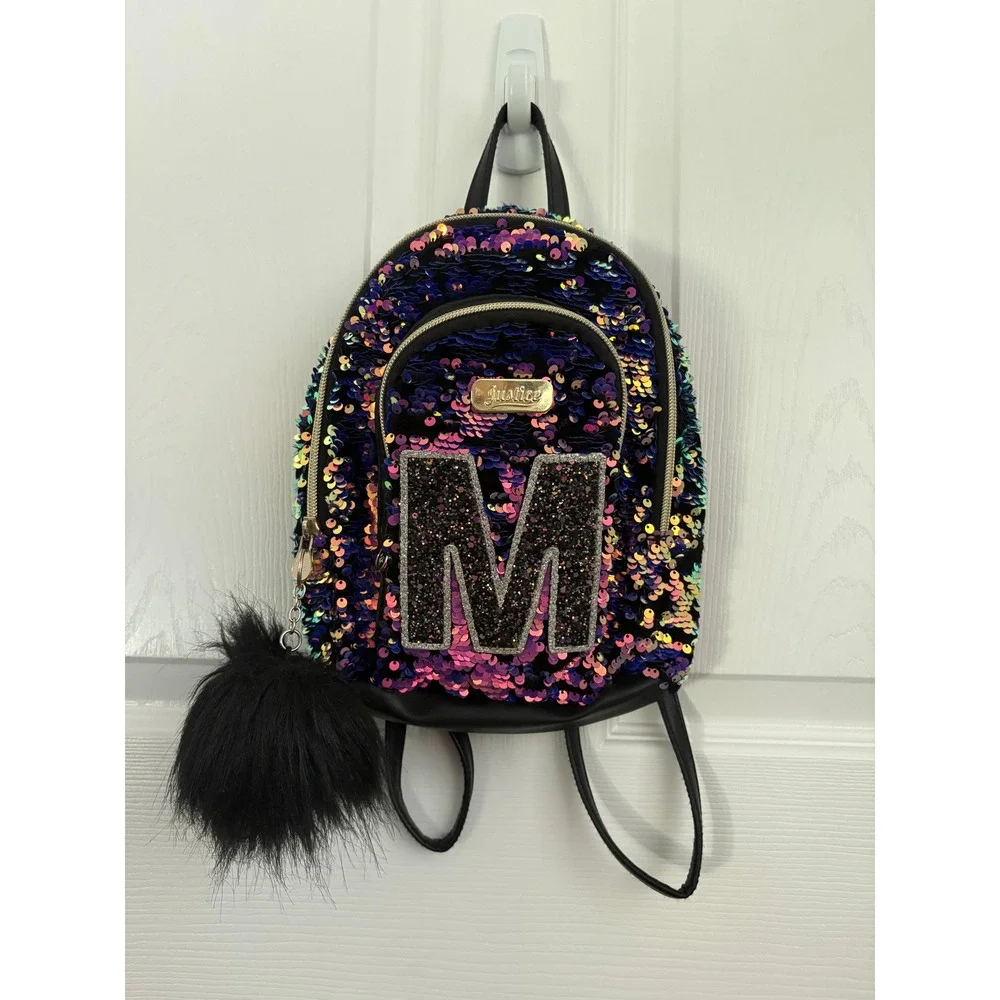 Justice Girls Mini Backpack Sequin Initial M Black Purple Pom Pom Keychain OS